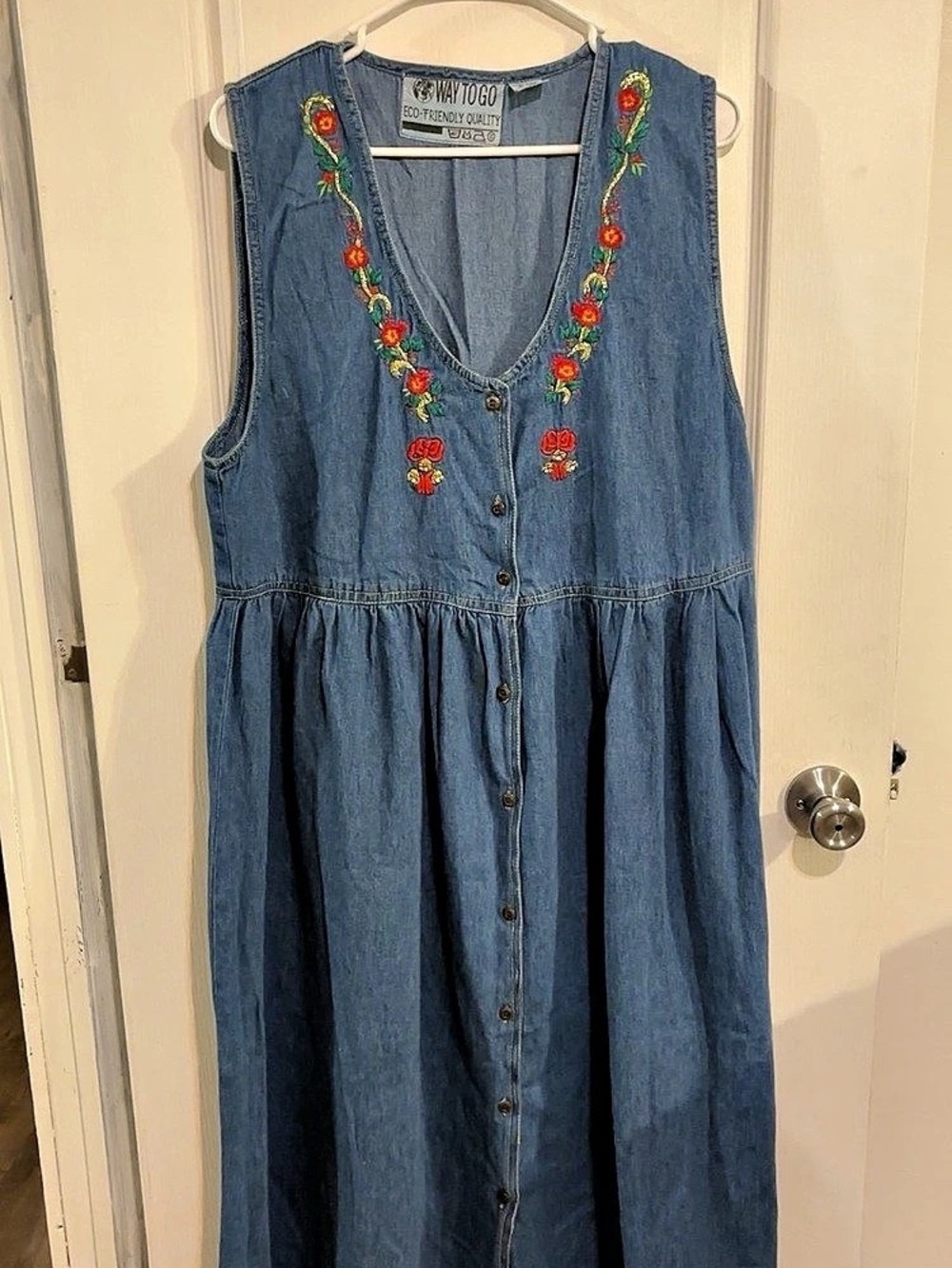 Vintage 90s Teacher Floral Embroidered Midi Denim Jumper Dress size Medium